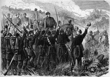 Risorgimento - Batalla de Montebello della Battaglia (Italia), 21 de mayo de 1859: el general francés Elie Frederic Forey (1804 - 1872), comandante del ejército italiano, fue triunfado por sus soldados después de su victoria sobre el ejército austríaco. Gr