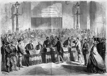 Risorgimento, Nápoles, 21 de octubre de 1860: voto de la población en la iglesia de San Francisco de Paula sobre la anexión de la ciudad al Reino de Italia. Grabado en “Le Monde Illustré” n°188 del 17 de noviembre de 1860.