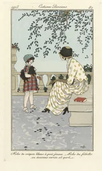 Vestido Crépon blanco con lunares amarillos - Vestido de niña en tartán cereza y verde, de Costumes Parisien, pub.1913 (estampado stencil)