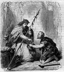 Roberto II el Piadoso (972-1031), Rey de Francia, distribuyendo limosnas. Grabado en "Histoire des Papes-Rois-Queen and Empereurs a travers les siècles" de Maurice Lachatre