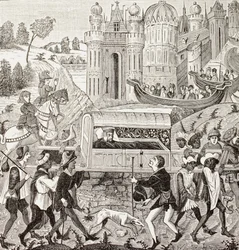 Roberto I, duque de Normandía, es transportado en su litera, de "Military and Religious Life in the Middle Ages" de Paul Lacroix, publicado en Londres hacia 1880 (litografía).