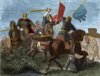 Roberto I de Francia (865-923), coronado rey de los Francos en 922, asesinado por un soldado de Carlos III: Grabado en “Histoire de France populaire” de Henri Martin. Siglo XIX.