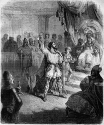 Roberto de Altavilla, el Guiscardo (1015-1085) se reconoce como vasallo del Santo Sede. Grabado en “Historia de los Papas-Reyes-Reinas y Emperadores a través de los siglos” de Maurice Lachatre