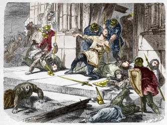 Roberto el Fuerte murió (circa 815-866), duque de Francia, durante la batalla de Brissarthe, en 866, oponiéndose los francos a un ejército combinado de bretones y vikingos. Grabado en “Histoire De France En Cent Paintings” de Paul Lehugeur, 1891