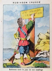 Robinson Crusoe escribe la fecha del naufragio