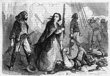 Serie romana: “Memorias de Joseph Garibaldi” de Alexandre Dumas (1802-1870). Anita Garibaldi (1821-1849), esposa de Giuseppe Garibaldi, participando en la batalla, con un rifle en la mano. Grabado en “Les bons romans”