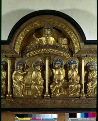 Arte románico: retablo de Pentecostés: antipendio de madera, cobre y esmalte. Detalle. Procedente de Stavelot (Mosa). Hacia 1160-1170. París, Museo Nacional de la Edad Media, Termas de Cluny