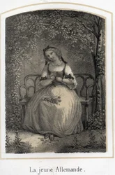 Romanticismo: una joven alemana sentada en un banco deshojando una margarita pensando en su amante. Grabado anónimo del siglo XIX