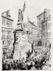 Ruan: miembros de la Liga de Patriotas frente a la estatua de Juana de Arco - dibujo de Paul Merwart para el monitor ilustre de la Liga de Patriotas - 1884