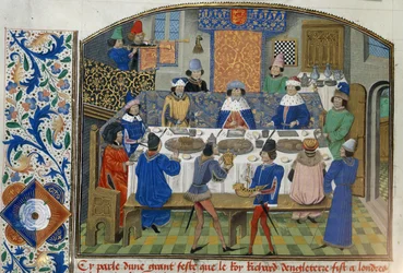 Roy 14 E IV fol.265v, Los duques de York, Gloucester e Irlanda cenan con Ricardo II, vol. III «Desde la coronación de Ricardo II hasta 1387», por Jean de Bâtard Wavrin