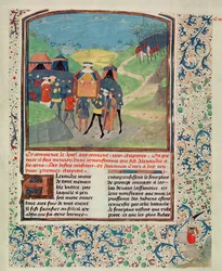Roy 17 FI f.198 Alejandro Magno dirigiéndose a sus hombres con la esperanza de persuadirlos de continuar hacia la India, de Quinte Curse Ruffe des Fais du Grant Alexandre, c.1468 (vitela)