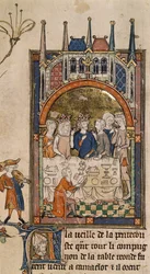 Royal 14 E. III, f.89, Fiesta del Rey Arturo, Rey Arturo y Ginebra en un banquete, con un sirviente arrodillado frente a la mesa cortando pan, de 