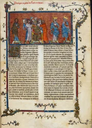 Royal 16 G. VI, f.3 La coronación de Faramundo, ilustración de las «Chroniques de France», hacia 1332
