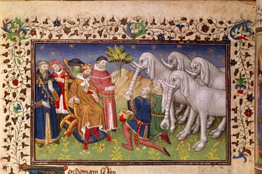 Royal 20 B. XX, fol.82v, Alejandro recibe elefantes blancos, de 