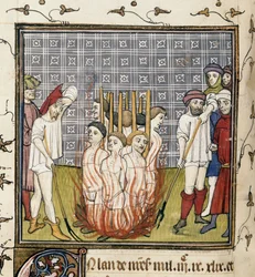 Real 20 C. VII, f.44v Quema de templarios, ilustración de las "Chroniques de France ou de St. Denis" (vitela)