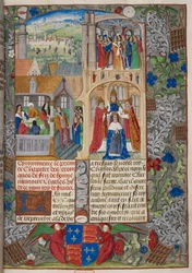 Real 20 E. V, f.8 Coronación de Carlos VII, escenas de las "Chroniques de France ou de Saint Denis" 1487 (vitela)