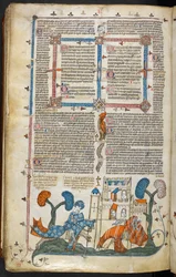 Royal MS 10 E IV f.313v, una escena bas-de-page de un caballero desmontando a otro ante un castillo, c.1300-40 (pluma y tinta y temple sobre pergamino)