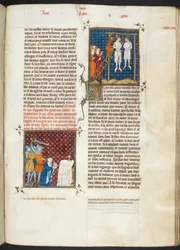 Royal MS 16 G. VI, f.306r, Asesinato de Carlos, conde de Flandes, por ahorcamiento (Luis VI, libro 20), de Les Grandes Chroniques de France