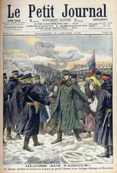 Guerra ruso-japonesa 1904-1905: Japoneses permitiendo al General Stoessel y a los defensores rusos de Port Arthur una rendición honorable. De Le petit Journal, París