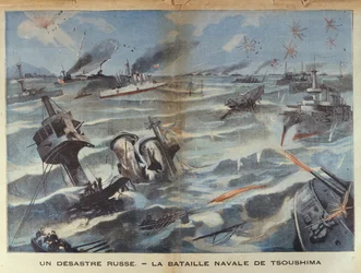 Desastre naval ruso durante la batalla de Tsushima en 1905, ilustración de Le Petit Parisien, 2 de julio de 1906
