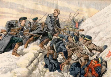 Guerra Ruso-Japonesa - Luchando en las trincheras en Port Arthur. La heroica muerte del teniente ruso Alexander. Ilustración para Le Petit Journal