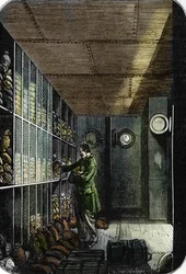 Caja fuerte del Banco de Francia en París (sótano del Banco de Francia en París) (grabado coloreado)