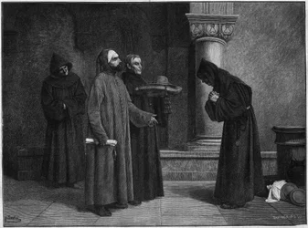 San Buenaventura (Giovanni di Fidanza, conocido como Doctor Seráfico, San Buenaventura) (1221-1274) recibiendo el sombrero de cardenal. Fue consagrado Cardenal-Obispo de Albano en 1273 por Gregorio X en 1273. Grabado por Bauchart de la pintura de Santar.
