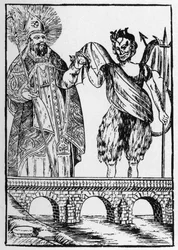San Cado (o Cadoc o Catuod o Catoc o Cazut o Cadochus) santo legendario cristiano da un gato al diablo a cambio de construir un puente - imágenes populares Perret