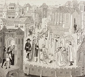 San Gaugerico, obispo de Cambrai, llegando a la ciudad para su nombramiento, de 