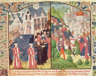 Los funerales de San Luis en París en 1270 y La llegada de Carlos V a Reims en 1364 para ser coronado rey en la catedral, de un manuscrito de las "Crónicas" de Jean Froissart (c.1337-c.1405) (vitela)