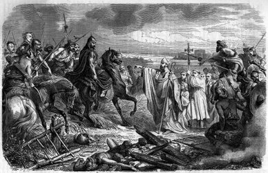 San Lupo (o Saint-Loup, v.383-479), obispo de Troyes salva la ciudad de la ira de Atila (v. 406-453) el rey de las tribus hunas en 451 - Invasiones bárbaras - Grabado en “Histoire des Papes-Rois-Reinas-y-Emperadores a través de los siglos” de Maurice Lacha