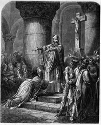 San Medardo de Noyon (muerto en 560) ofreciendo ropa religiosa a Santa Radegunda (ca. 520-587) esposa del Rey Clotario.