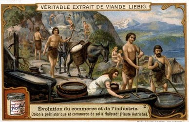Comercio de sal en Alta Austria en tiempos prehistóricos en Hallstadt - cromolitografía Liébig