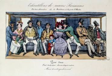 Muestra de la moral parisina: un banco de ómnibus desde la Madeleine hasta la puerta de Saint Martin. Grabados del siglo XIX