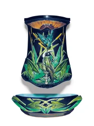 Cisterna y Lavabo de Pared de Sarreguemines de Fondo Azul Cobalto, finales del siglo XIX