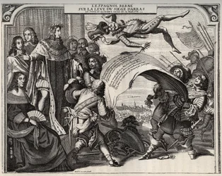 Alegoría satírica sobre el levantamiento del sitio de Arras en 1654 tras la coronación de Luis XIV (1638-1715). En la parte inferior izquierda está la Reina Ana de Austria (1601-1666). De pie junto a Luis XIV, y a la izquierda del rey, el Cardenal Jules Ma