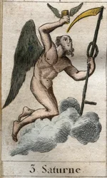 Saturno, dios de la agricultura y la cosecha, está representado con una hoz. De «Mitología de la juventud» de Pierre Blanchard, 1803.
