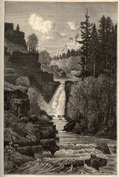 Saut du Doubs (cascada) Franche-Comte - grabado en “PATRIE” - DESCRIPCIÓN PICTURESQUE DE FRANCIA EN 6 VOLÚMENES POR LUCIEN HUARD - finales del siglo XIX