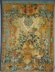 Panel de Savonnerie: Primavera con escudo de armas, manufacturado por la Fábrica de Savonnerie, Francia, antes de 1717
