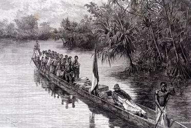Savorgnan de Brazza en una canoa en el pandanus de África Occidental - en “Tour du Monde”, 2ª semana de 1887