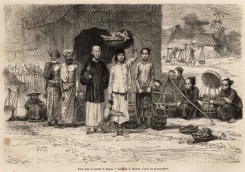 Escena del mercado de Saigón, grabado según un dibujo de D.Maillard, ilustrando el viaje a Cochinchina, por el Doctor Morice, en 1872, publicado en 