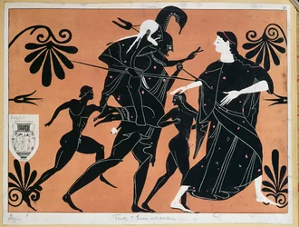 Escena de un vaso griego antiguo que representa la huida de Eneas de Troya con sus hijos y llevando a su padre Anquises a la espalda