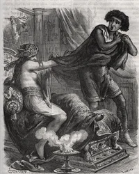 Escena de la Biblia: "Ella agarró al joven demasiado virtuoso por su túnica". La esposa de Putifar intenta seducir a José, un esclavo del faraón. Grabado de 1871 en "Histoire Des Cocus Celebres" de Henry de Kock (1819-1892)