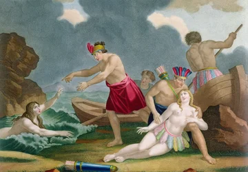 Escena de la historia de la princesa azteca Amazilly y su hermano Telasco