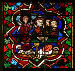 Escena en la ventana E que representa a las tres Marías en la tumba de la Resurrección