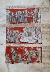Escena de la vida estudiantil en el Colegio Hubant o Ave María en París. Escenas de la vida estudiantil (comidas, caridad) y reglamentos del colegio. Tiras 7 a 9. Página manuscrita "Libro de los estatutos del Colegio de Hubant o del Ave María" 1387 París, 
