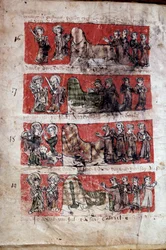 Escena de la vida estudiantil en el Colegio de Hubant o Ave María en París. Escenas de la vida estudiantil (representaciones de evangelistas) y reglamentos del colegio. Bandas 16 a 19. Página manuscrita "Libro de los estatutos del Colegio de Hubant o del A