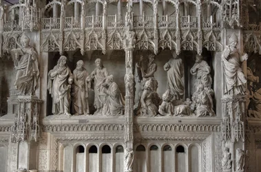 Escena del coro de la catedral de Chartres: transfiguración, Jesús y la Cananea