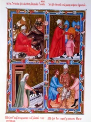 Escenas de la vida de San Blas, facsímil de un manuscrito del siglo XV del Legendaire des Anjou-Hongrie, escuela de Bolonia
