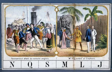 Escenas con Passepartout y Phileas Fogg en la India, ilustración del juego "La vuelta al mundo" de Julio Verne, s. XIX.